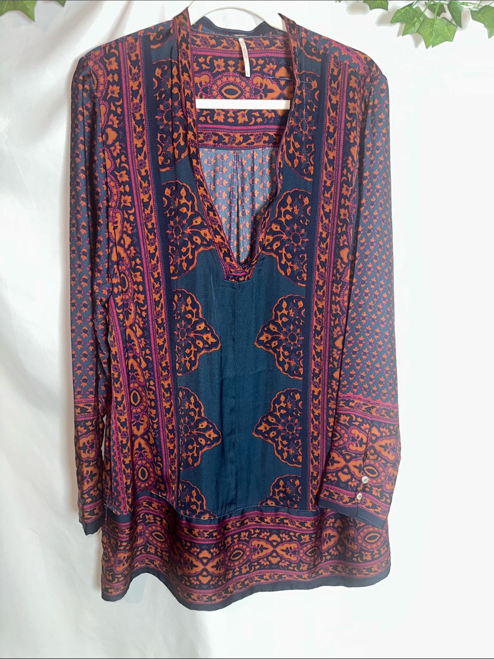 Free People Navy Tunic with Orange and Magenta Paisley Print